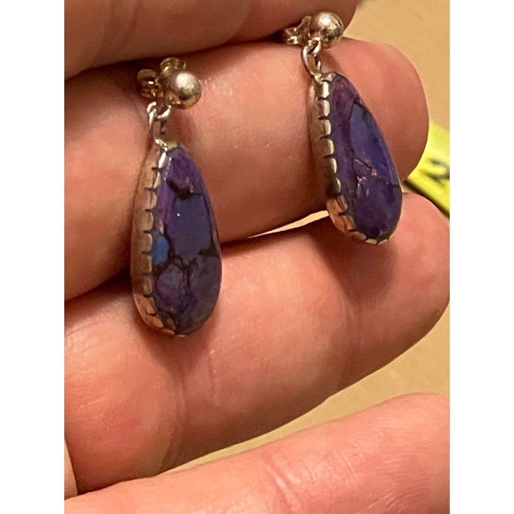 Beautiful Vibrant Purple-Copper Turquoise set in 925 Dangle Earrings - Picture 4 of 15